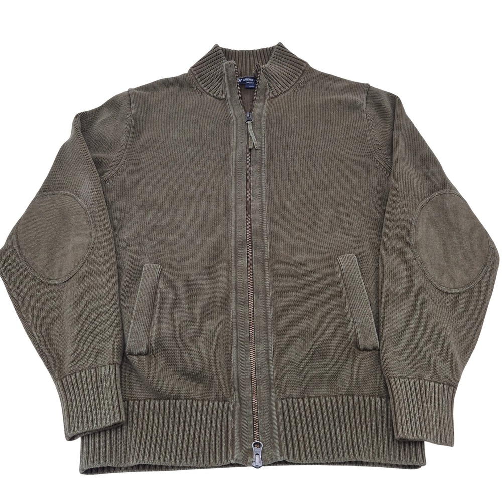 Cremieux Classics Mens Full Zip Cardigan Sweater Olive Green Elbow Patches M